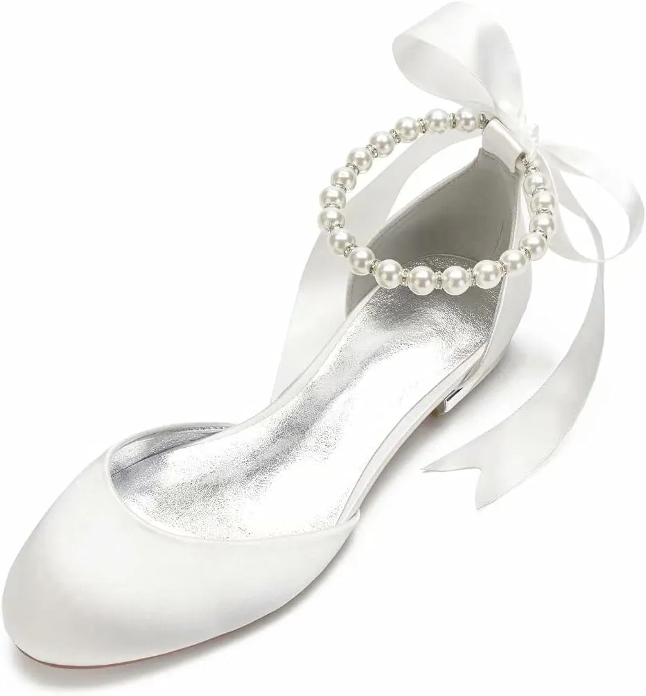 Satin Pearls Wedding Flats Shoes for Bride Round Toe Formal Evening Party Dress Flat Shoes Women 5049-63