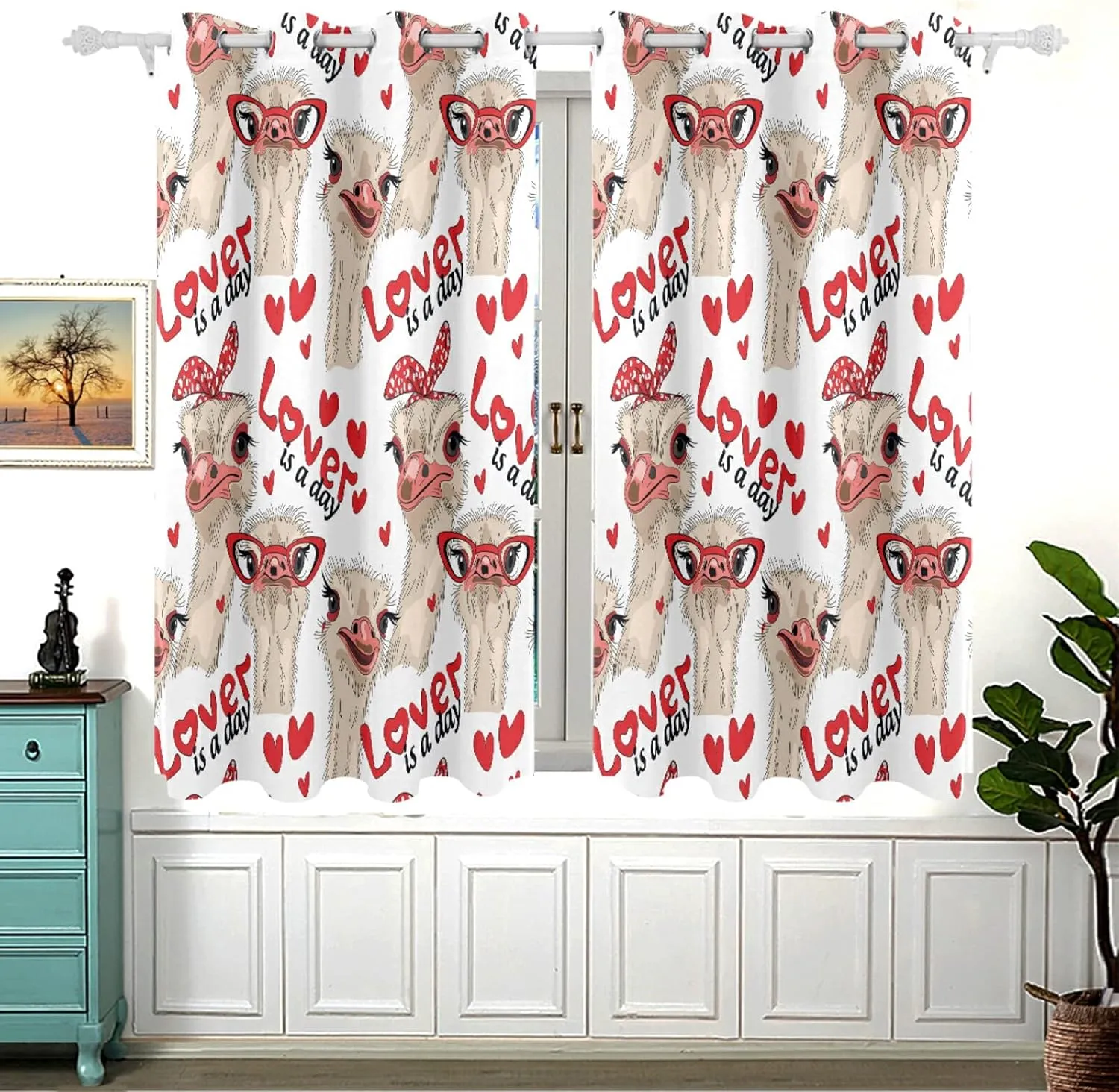 Seamless Ostriches with Red Glasses Hairpins Lover is a Day Letterings 2 PCs Window Curtain Panels, Blackout Drapes Perforated Polyester Curtain Thermal Insulated & Light Blocking Panels 55x54 inch