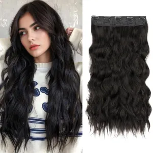 SEGO One Pieces 5 Clips in Hair Extensions Wavy Natural Soft Synthetic Hairpieces for Women Hair Clip Extensions for Women,24inch Black,180g