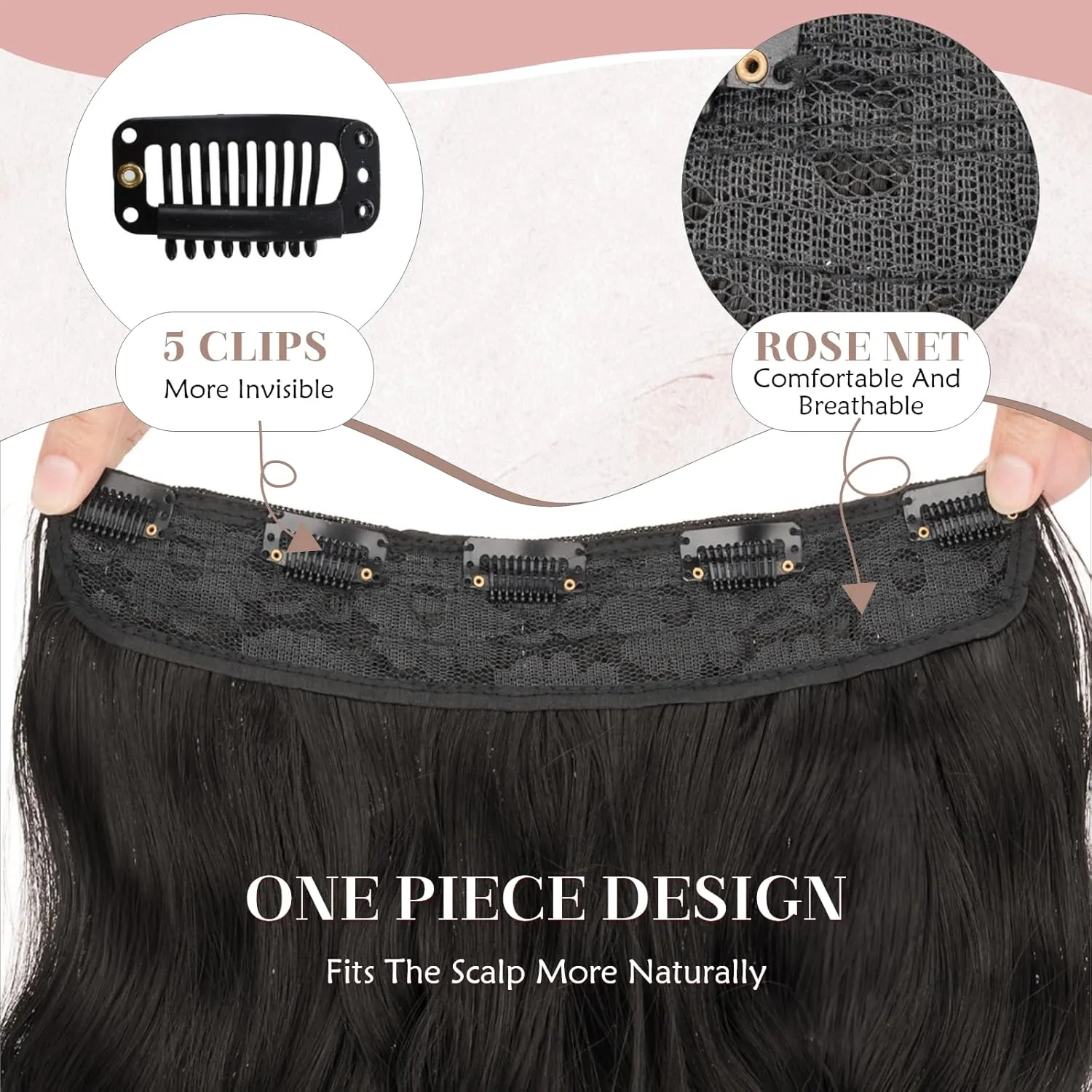 SEGO One Pieces 5 Clips in Hair Extensions Wavy Natural Soft Synthetic Hairpieces for Women Hair Clip Extensions for Women,24inch Black,180g