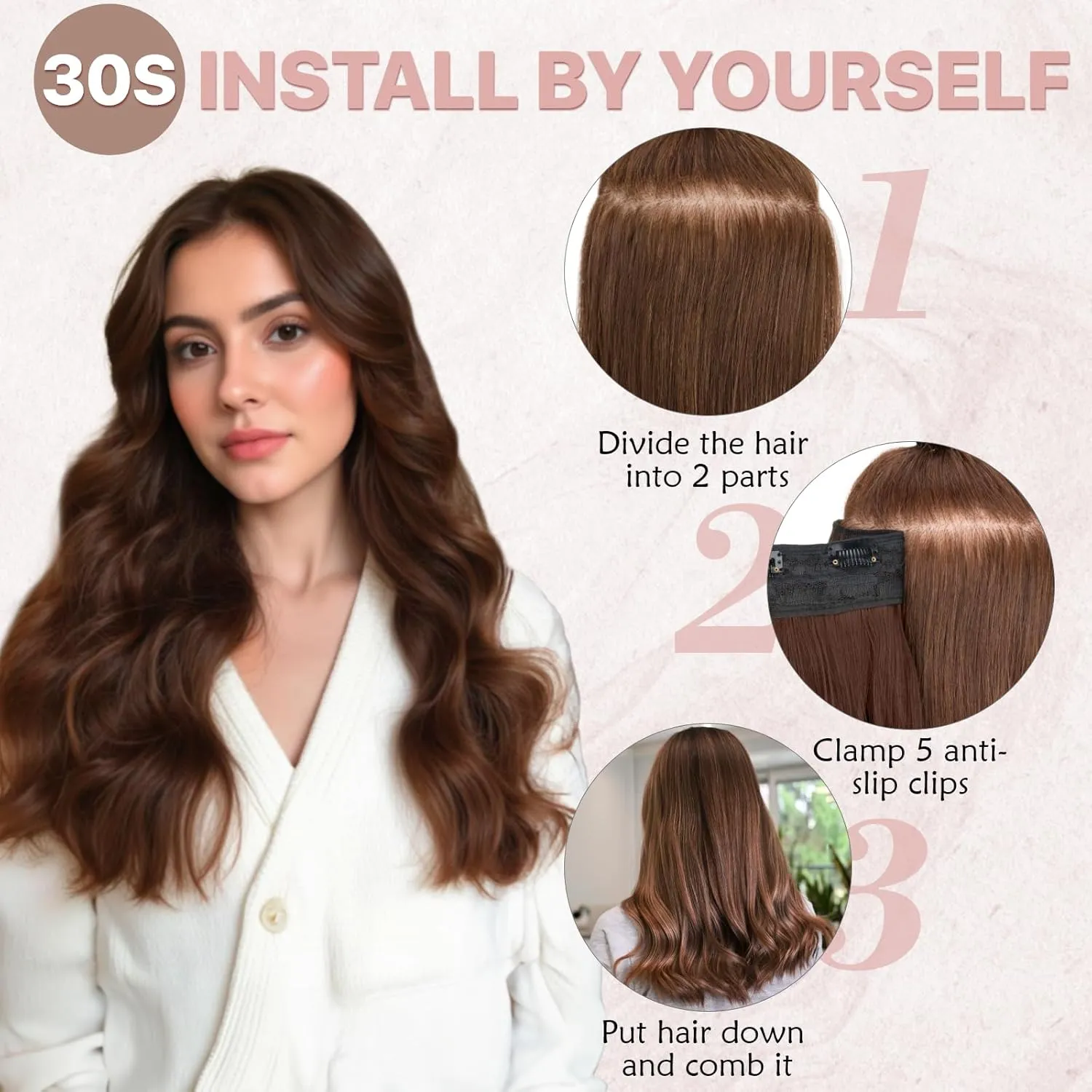 SEGO One Pieces 5 Clips in Hair Extensions Wavy Natural Soft Synthetic Hairpieces for Women Hair Clip Extensions for Women,24inch Black,180g