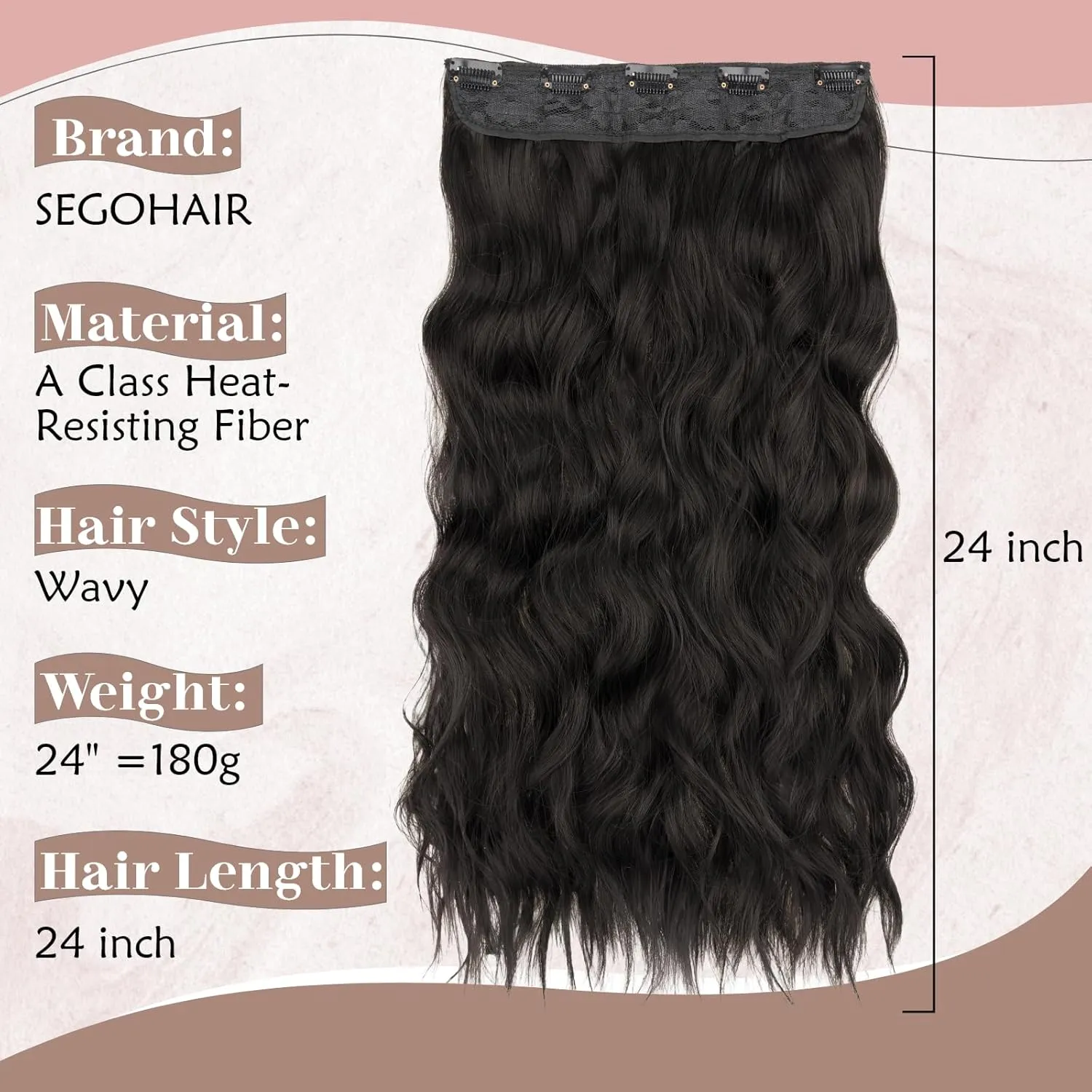 SEGO One Pieces 5 Clips in Hair Extensions Wavy Natural Soft Synthetic Hairpieces for Women Hair Clip Extensions for Women,24inch Black,180g