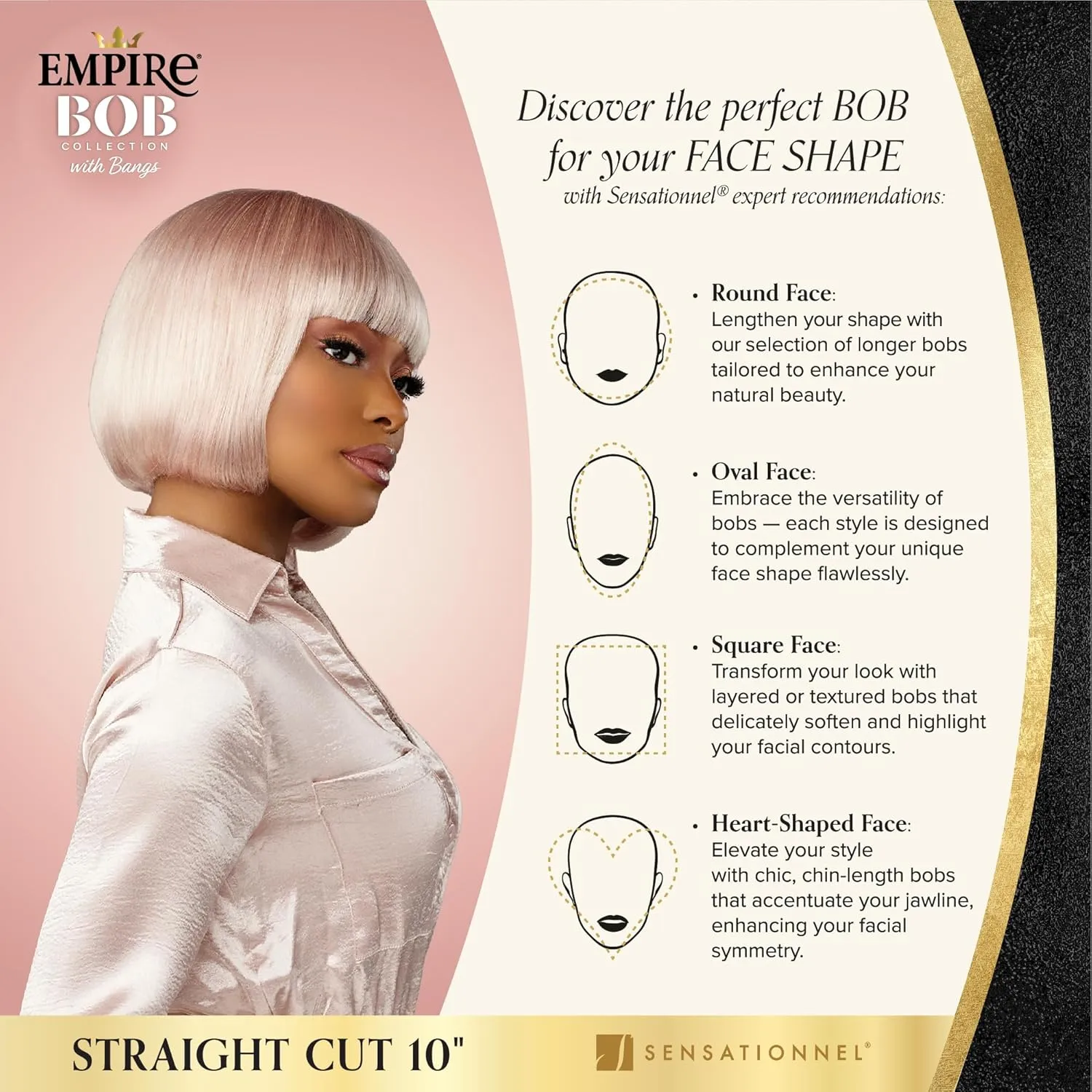 Sensationnel Empire Bob Humanhair Wig - Straight Cut Face Framing Mesh Cap for Comfort With Bangs (10 inch, 1 JETBLACK)