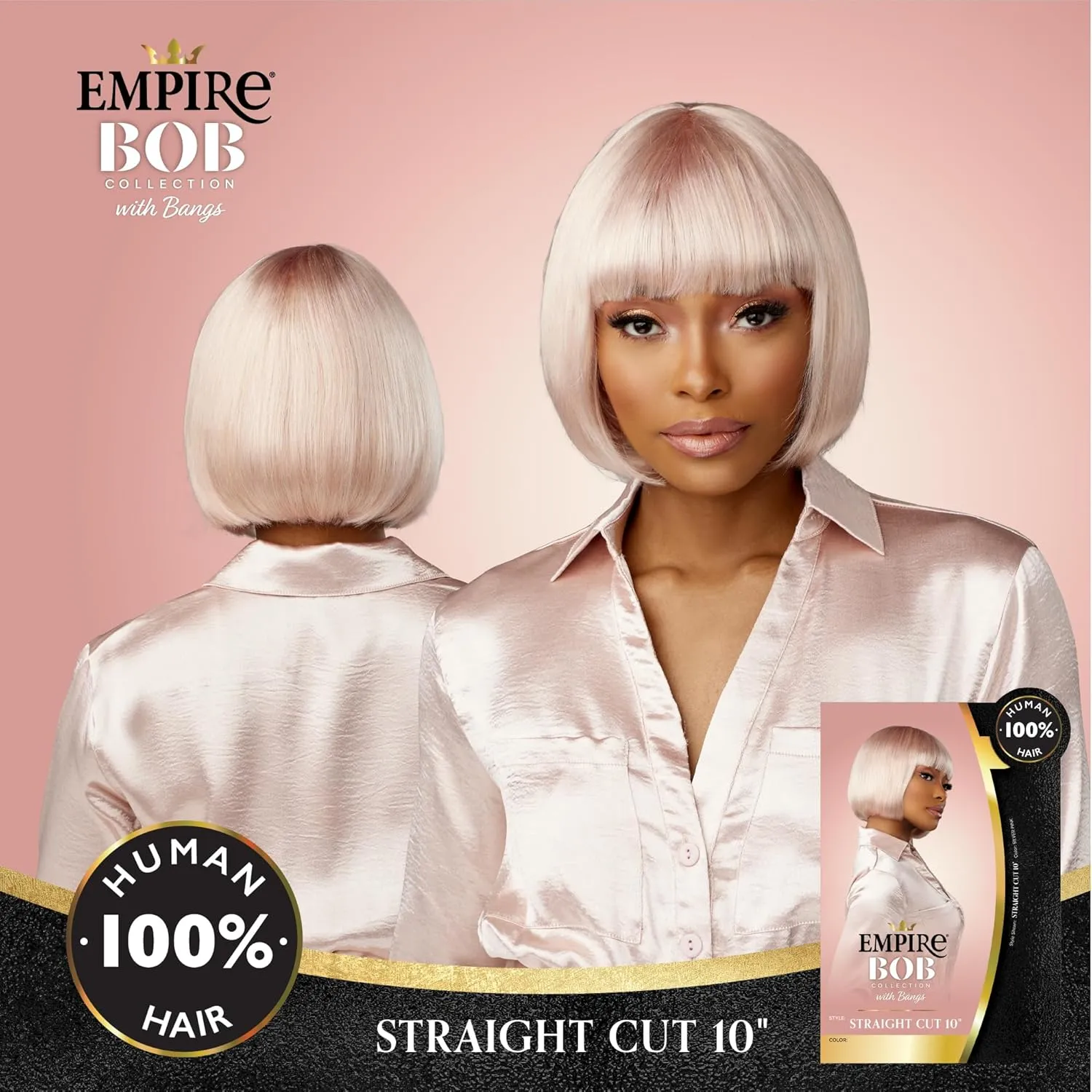 Sensationnel Empire Bob Humanhair Wig - Straight Cut Face Framing Mesh Cap for Comfort With Bangs (10 inch, 1 JETBLACK)