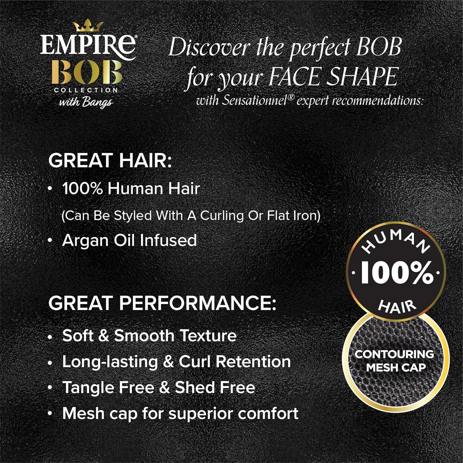 Sensationnel Empire Bob Humanhair Wig - Straight Cut Face Framing Mesh Cap for Comfort With Bangs (10 inch, 1 JETBLACK)