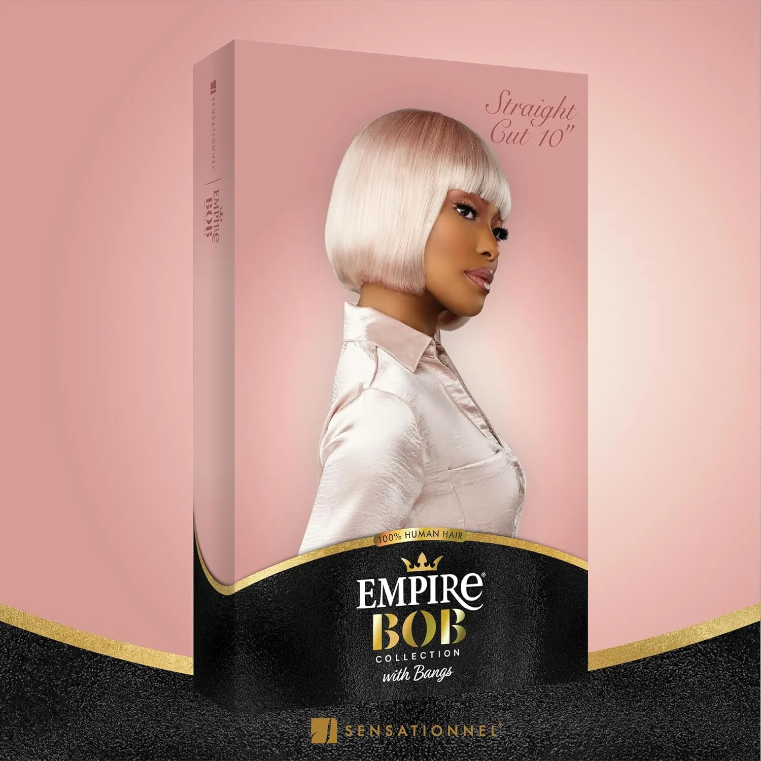 Sensationnel Empire Bob Humanhair Wig - Straight Cut Face Framing Mesh Cap for Comfort With Bangs (10 inch, 1 JETBLACK)