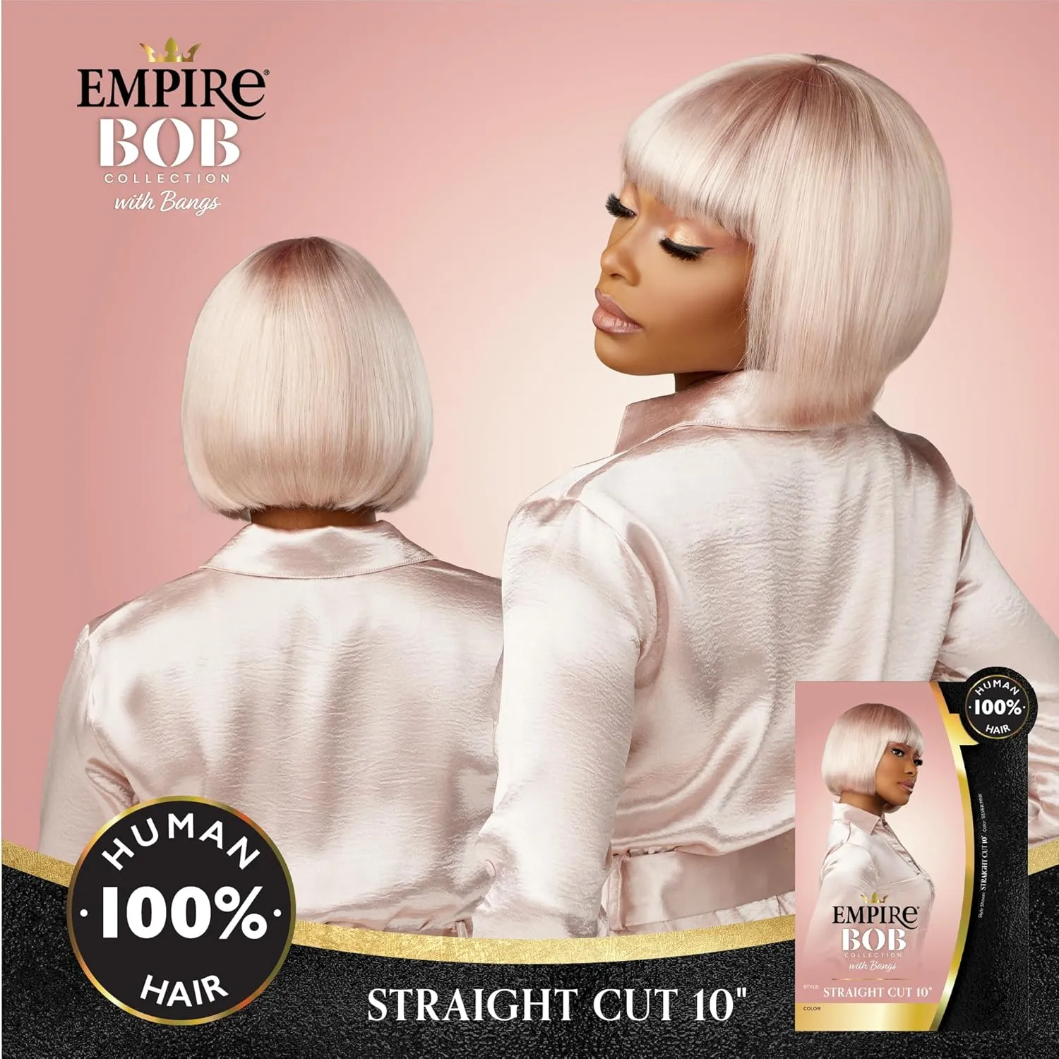 Sensationnel Empire Bob Humanhair Wig - Straight Cut Face Framing Mesh Cap for Comfort With Bangs (10 inch, 1 JETBLACK)