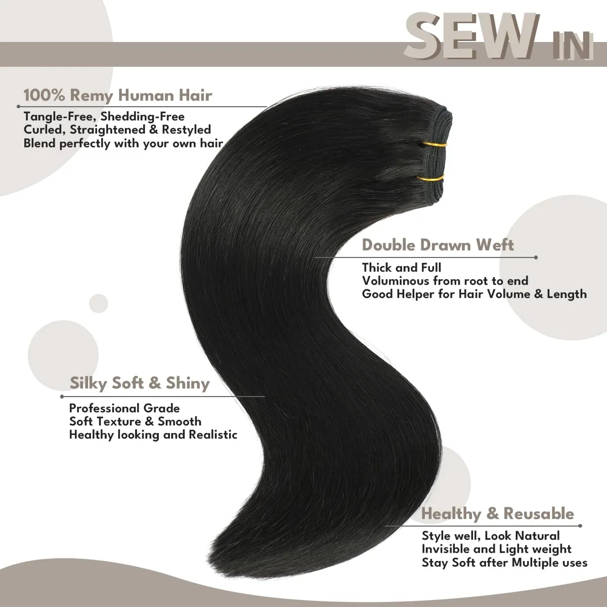 Sew in Hair Extensions Real Human hair, Silky Soft &Shiny Double Drawn Weft Hair Extensions human hair, Thick ends&Tangle Free Human hair extensions sew in,100g Straight Natural Black,16 inch