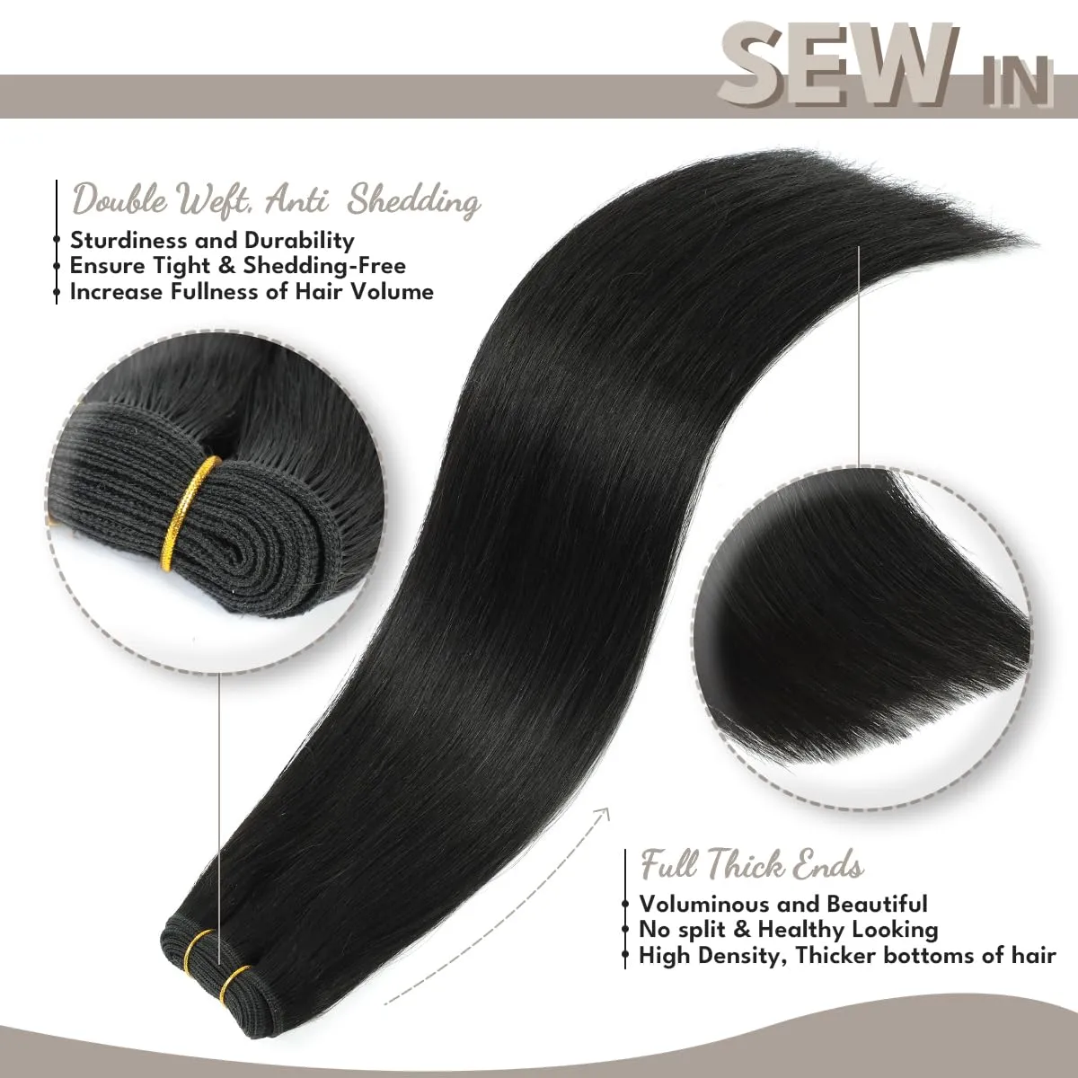 Sew in Hair Extensions Real Human hair, Silky Soft &Shiny Double Drawn Weft Hair Extensions human hair, Thick ends&Tangle Free Human hair extensions sew in,100g Straight Natural Black,16 inch