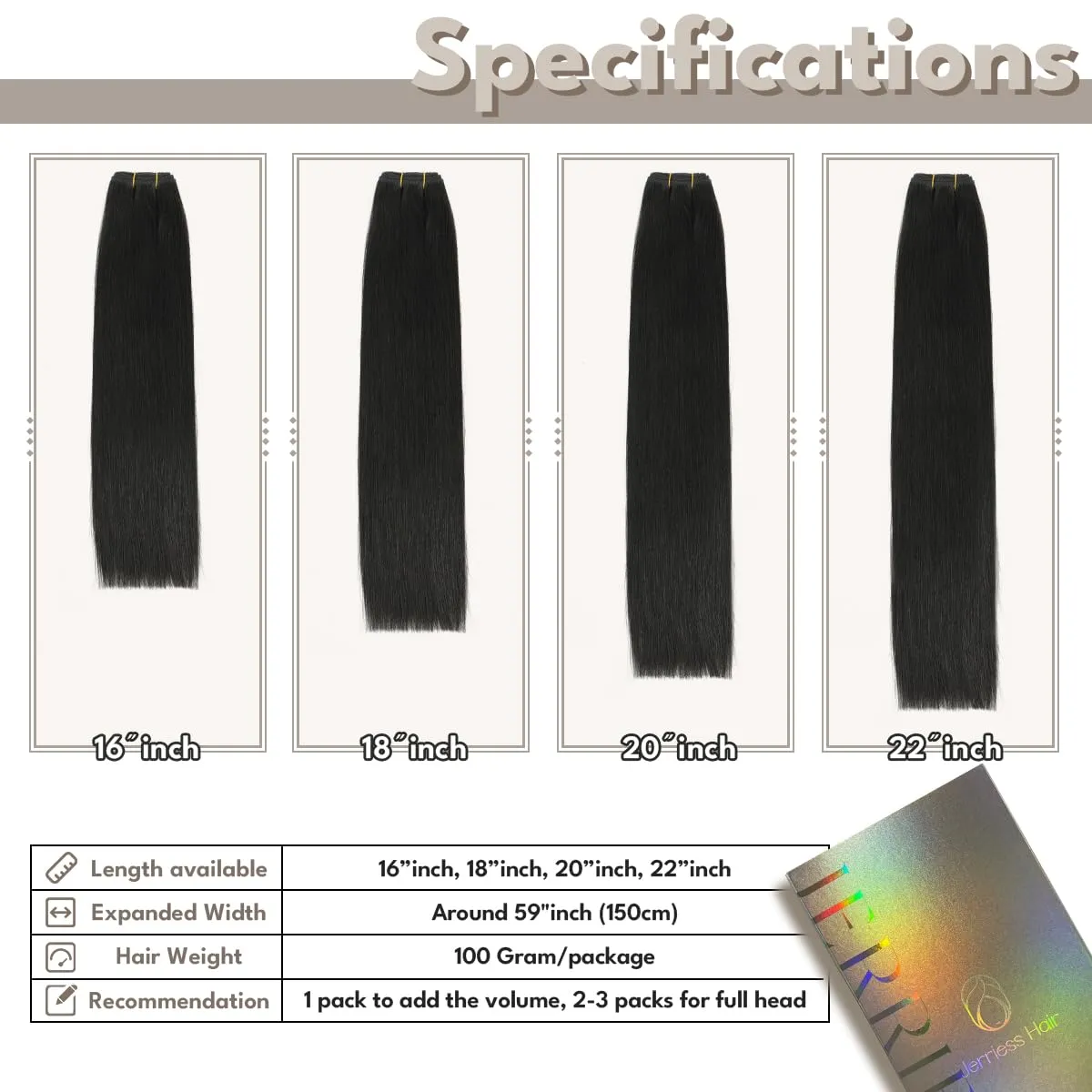 Sew in Hair Extensions Real Human hair, Silky Soft &Shiny Double Drawn Weft Hair Extensions human hair, Thick ends&Tangle Free Human hair extensions sew in,100g Straight Natural Black,16 inch