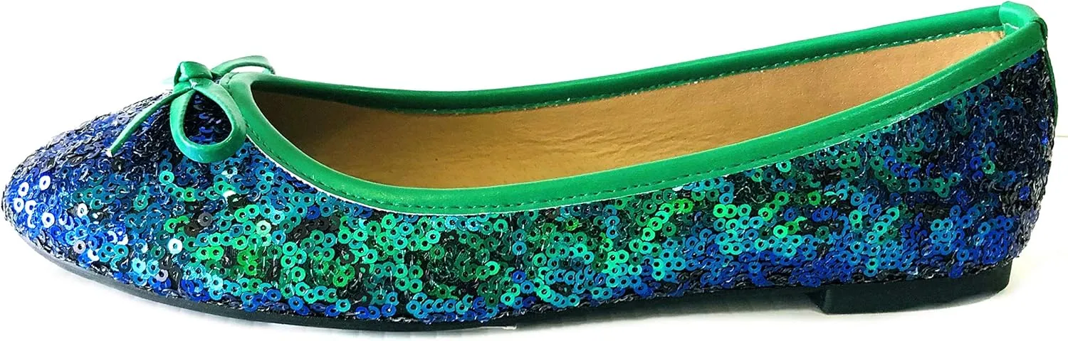 Shoes8teen Womens Sequins Glitter Round Toe Ballet Flat with Bow