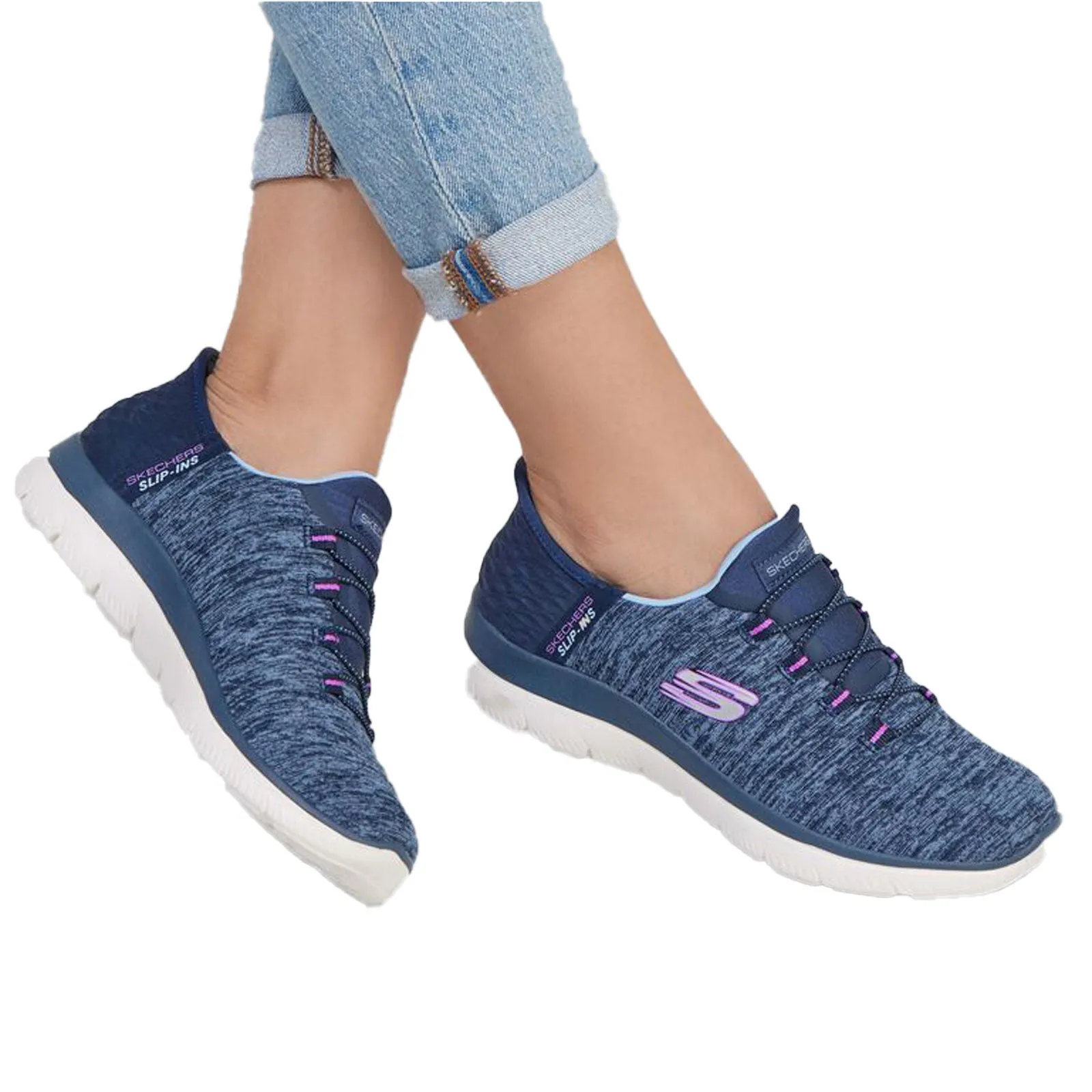 Skechers Women's Summit Dazzling Haze Slip-Ins Navy/Purple Low Top Sneaker Shoes (NVPR)