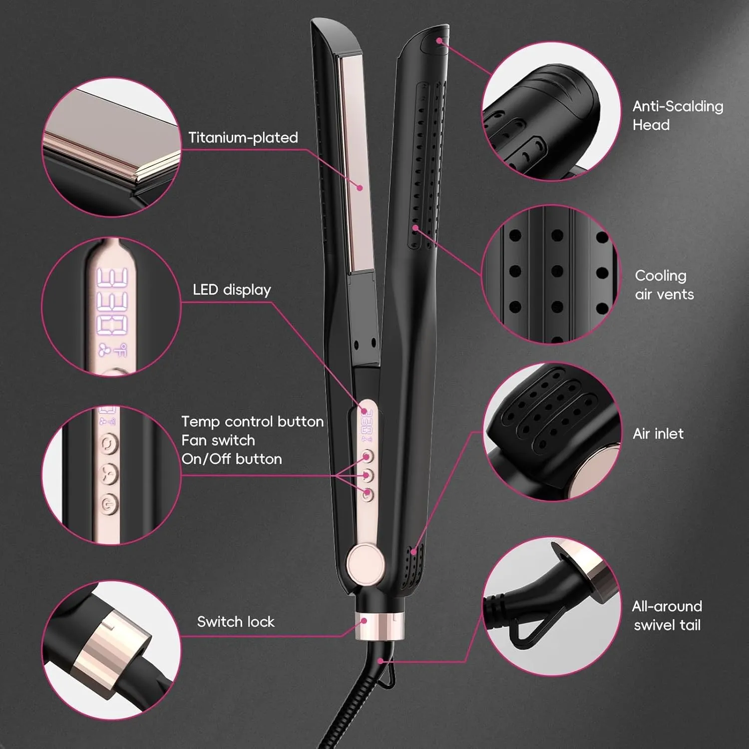 SKIMI Airflow Styler, Titanium Flat Iron Hair Straightener, Professional Curling Iron with Cooling Air Vents to Lock in Style, 5 Temps & Dual Voltage, Auto Off(Black & Pink).