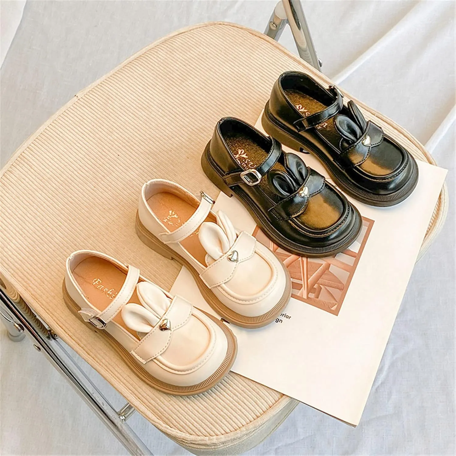 Slip on Sandals for Toddlers Girls Leather Rabbit Design Soft Round Toe Princess Dress Flat Poodle Slippers for Girls