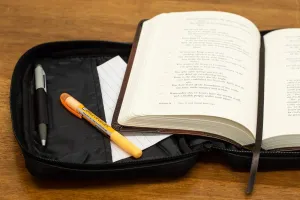 Soft Black Embossed Cross with Front Pocket Leather Look Bible Cover with Handle, Small