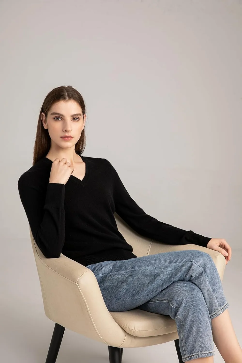 State Cashmere Women’s Essential V-Neck Sweater 100% Pure Cashmere Classic Long Sleeve Pullover