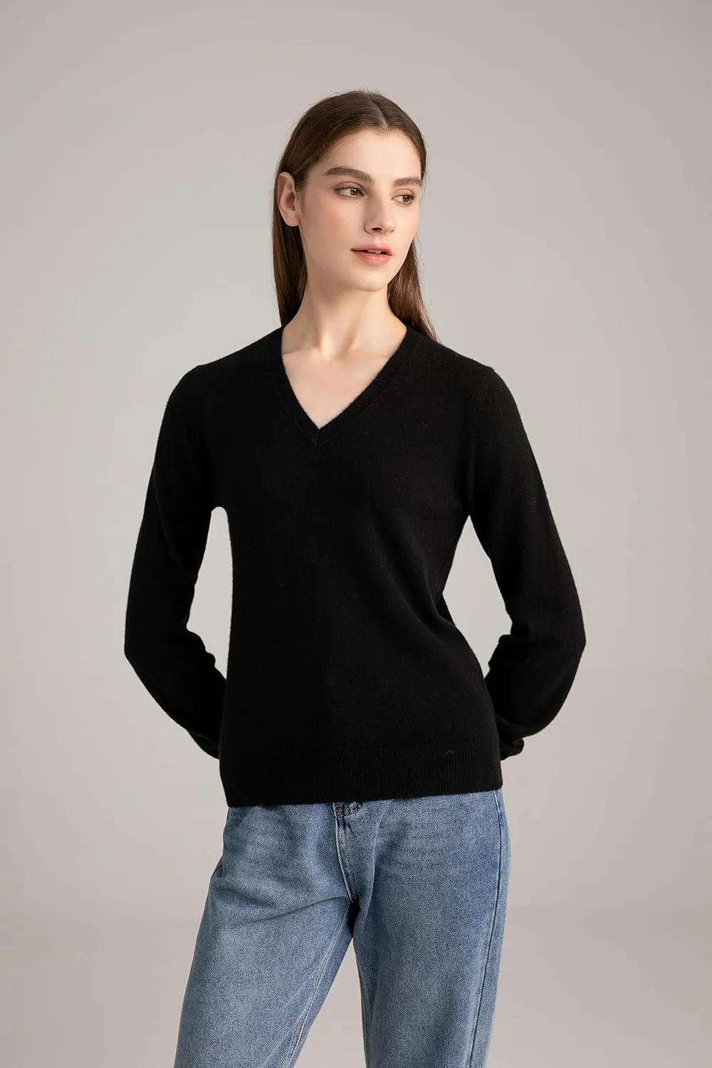 State Cashmere Women’s Essential V-Neck Sweater 100% Pure Cashmere Classic Long Sleeve Pullover