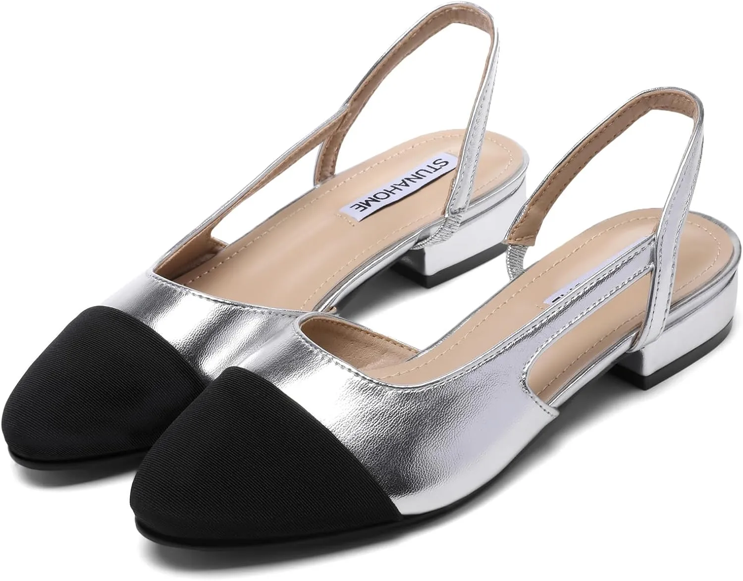 STUNAHOME Womens Slingback Flats Two Tone Closed Round Toe Casual Pumps for Office or Fashion