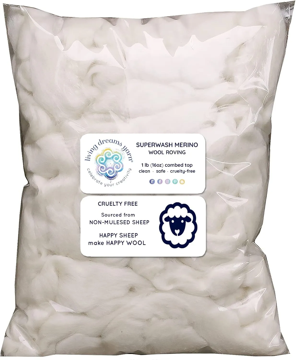 SUPERWASH MERINO Wool Roving. Ethically & Responsibly Sourced Fiber for Spinning, Blending, Filling and Stuffing - 1 LB Bag, Natural White Combed Top