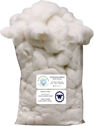 SUPERWASH MERINO Wool Roving. Ethically & Responsibly Sourced Fiber for Spinning, Blending, Filling and Stuffing - 1 LB Bag, Natural White Combed Top