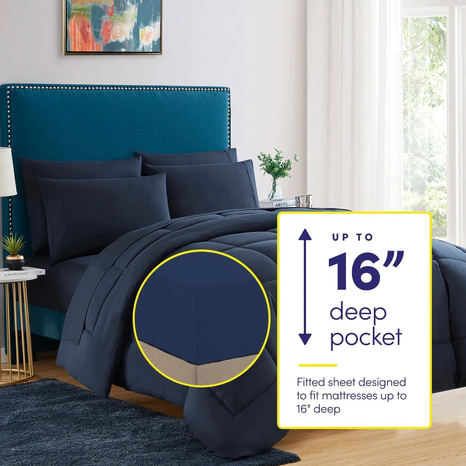 Sweet Home Collection 7 Piece Comforter Set Bag Solid Color All Season Soft Down Alternative Blanket & Luxurious Microfiber Bed Sheets, Navy, Twin XL