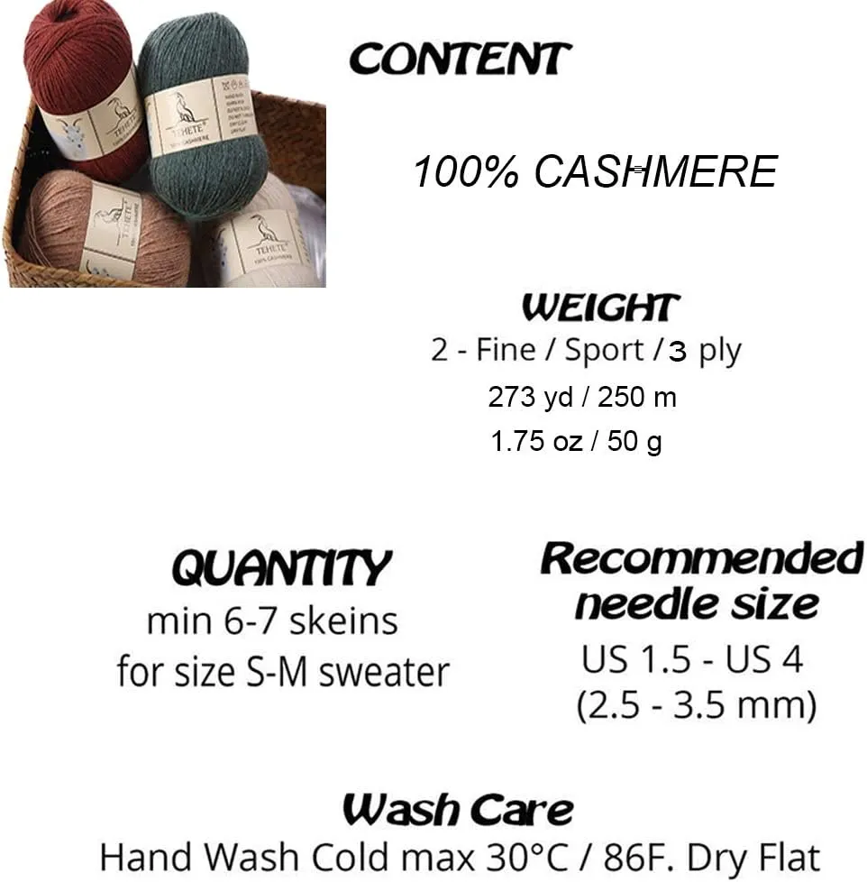 TEHETE 100% Cashmere Yarn for Crocheting 3-Ply Warm Soft Luxurious Fuzzy Knitting Yarn (Black)