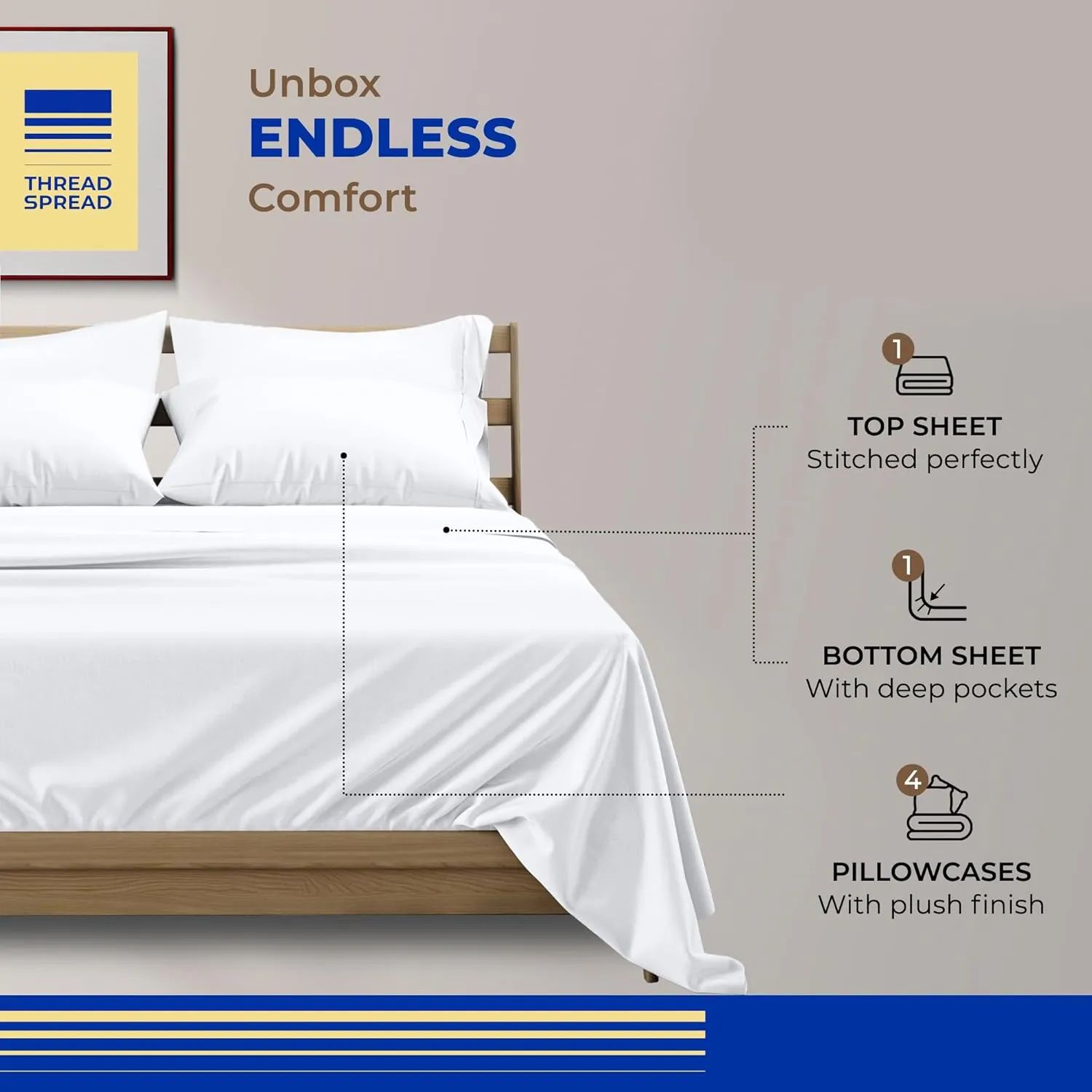 THREAD SPREAD 100% Egyptian Cotton Sheets King Size - 800 High Thread Count Sheets King, 6 PC White Luxury Hotel King Size Sheets Set, 16" Deep Pocket Sateen Weave Extra Soft Cooling Bed Sheet Sets