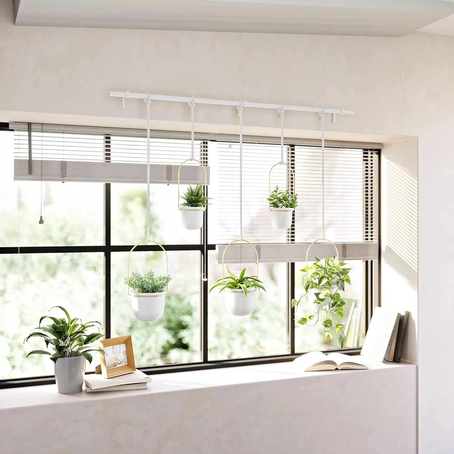 Umbra Triflora Hanging Planter for Window, Indoor Herb Garden, Set of 5, White/Brass