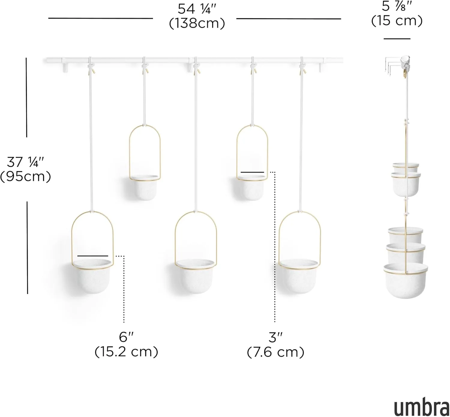 Umbra Triflora Hanging Planter for Window, Indoor Herb Garden, Set of 5, White/Brass