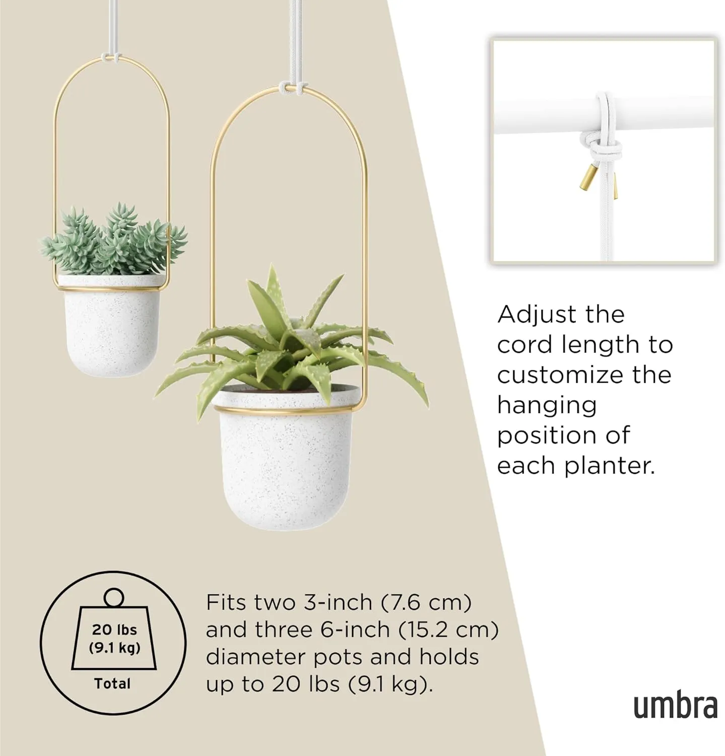 Umbra Triflora Hanging Planter for Window, Indoor Herb Garden, Set of 5, White/Brass