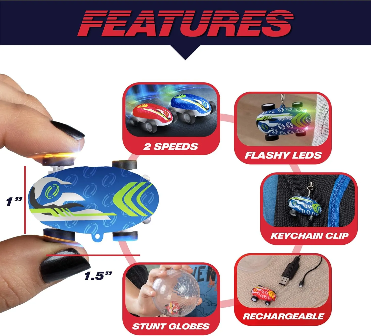 USA Toyz Whipz Duo Micro Racers Toy Cars for Kids - 2pk Mini Keychain, Glow in The Dark LED Fast Pocket Racers Fidget Toys, 2 Mini Cars with 2 Racing Stunt Balls, 2 Clips, and 2 USB Chargers