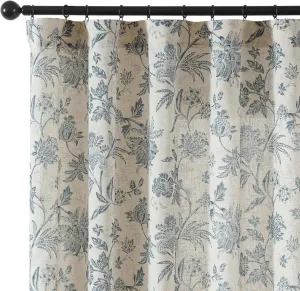 Vangao Linen Blend Blue Floral Curtains for Bedroom, 63 Inch Length Printed Flower French Country Curtains for Living Room Light Filtering Drapes, Rod Pocket Window Treatments, 2 Panels Blue