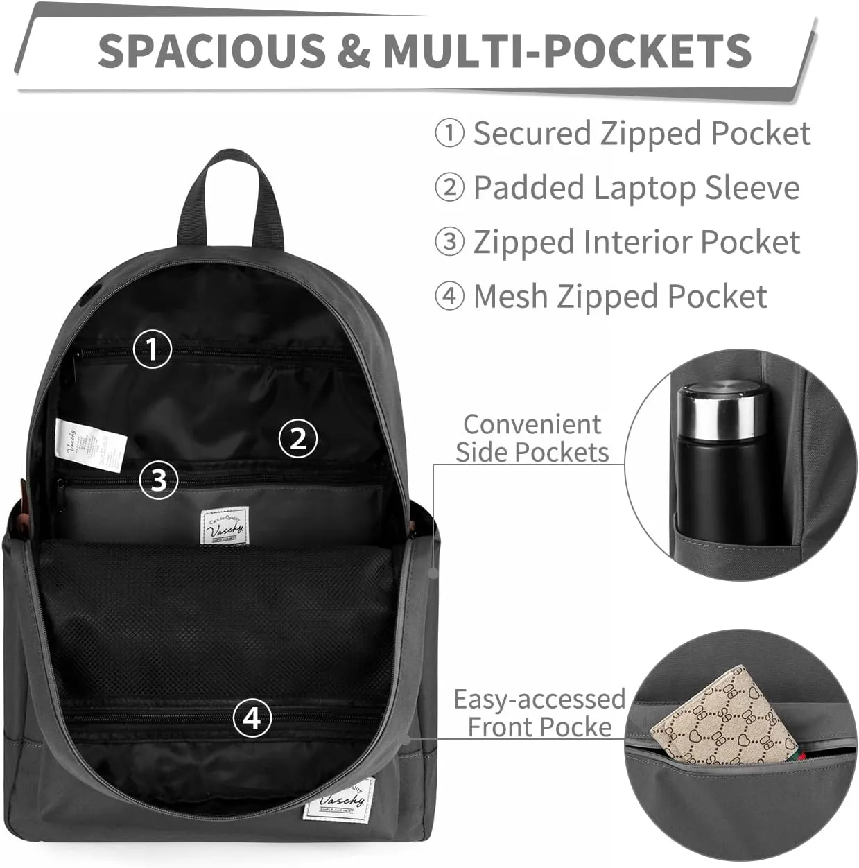 VASCHY School Backpack, Unisex Slim Lightweight Water-resistant Backpack for Men Women College Schoolbag Travel Bookbag