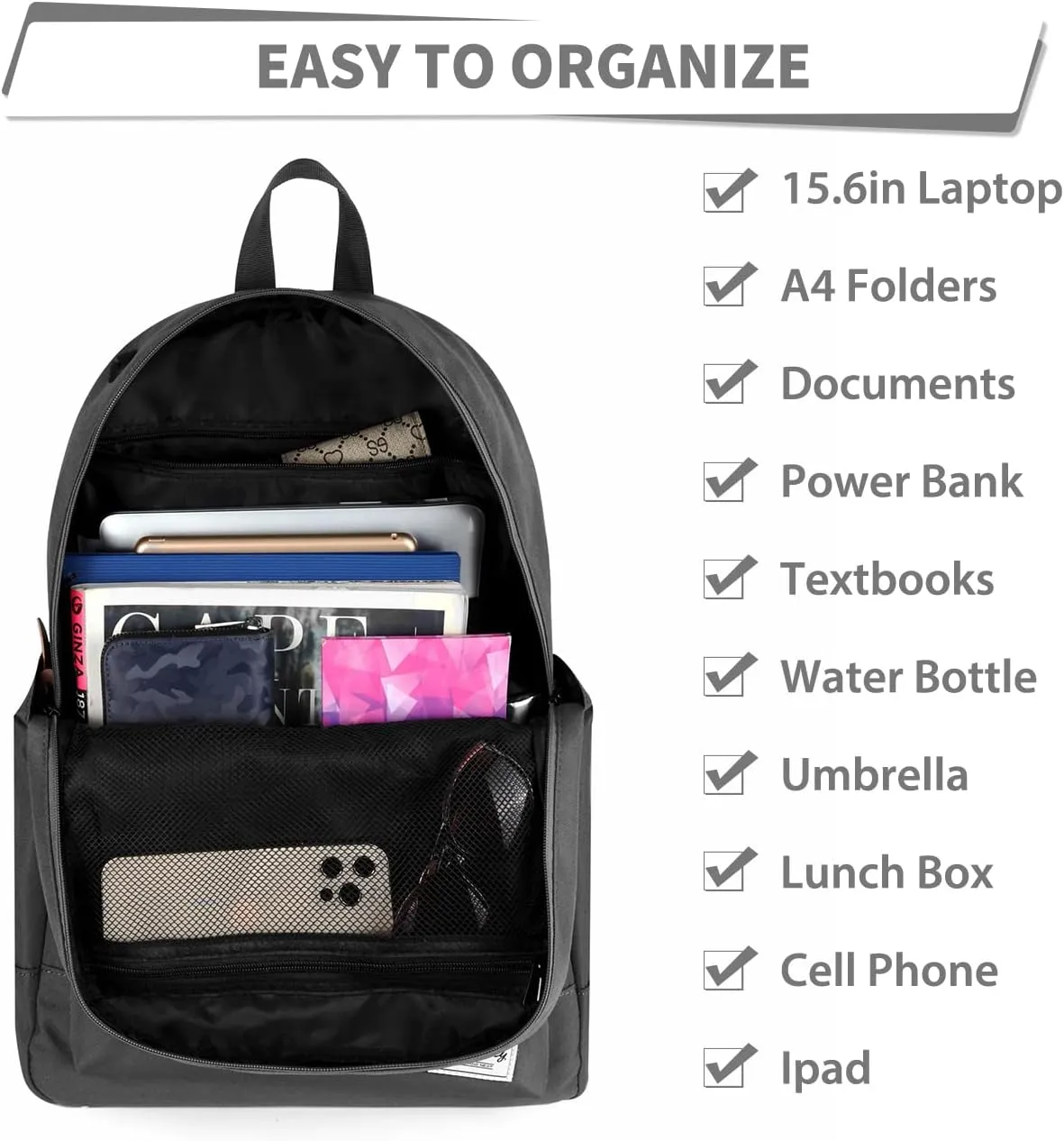 VASCHY School Backpack, Unisex Slim Lightweight Water-resistant Backpack for Men Women College Schoolbag Travel Bookbag