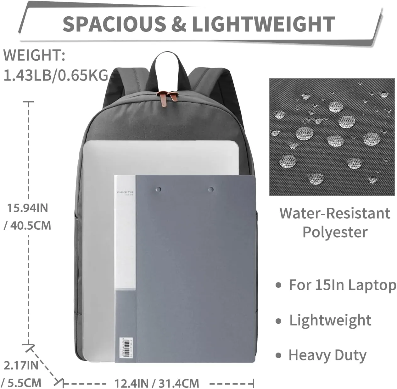 VASCHY School Backpack, Unisex Slim Lightweight Water-resistant Backpack for Men Women College Schoolbag Travel Bookbag