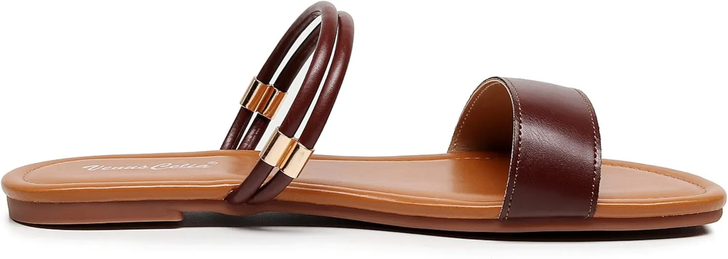 VenusCelia Women's Double Straps Wide Flat Sandal