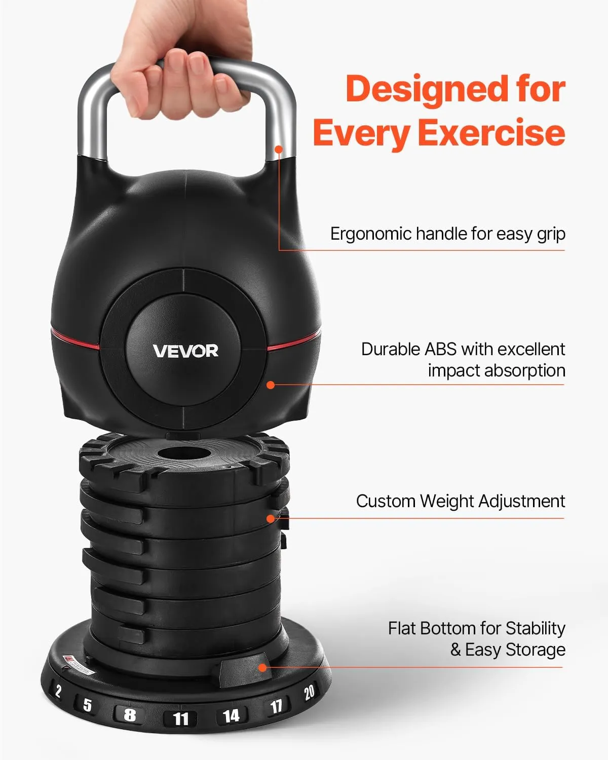 VEVOR Kettlebell, Adjustable Kettlebell with 7 Weight Levels, Die-Cast Aluminum and ABS Material, for Grip Strength Training, Full-body Workout & Cross-Training
