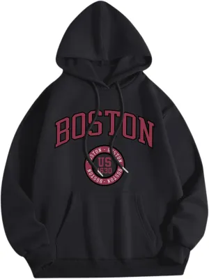Vintage Boston Graphic Hoodies for Women Oversized Preppy Sweatshirt Letter Print Long Sleeve Casual Pullover Tops
