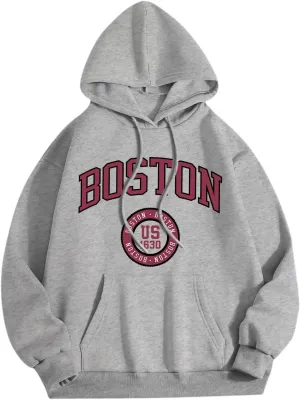 Vintage Boston Graphic Hoodies for Women Oversized Preppy Sweatshirt Letter Print Long Sleeve Casual Pullover Tops