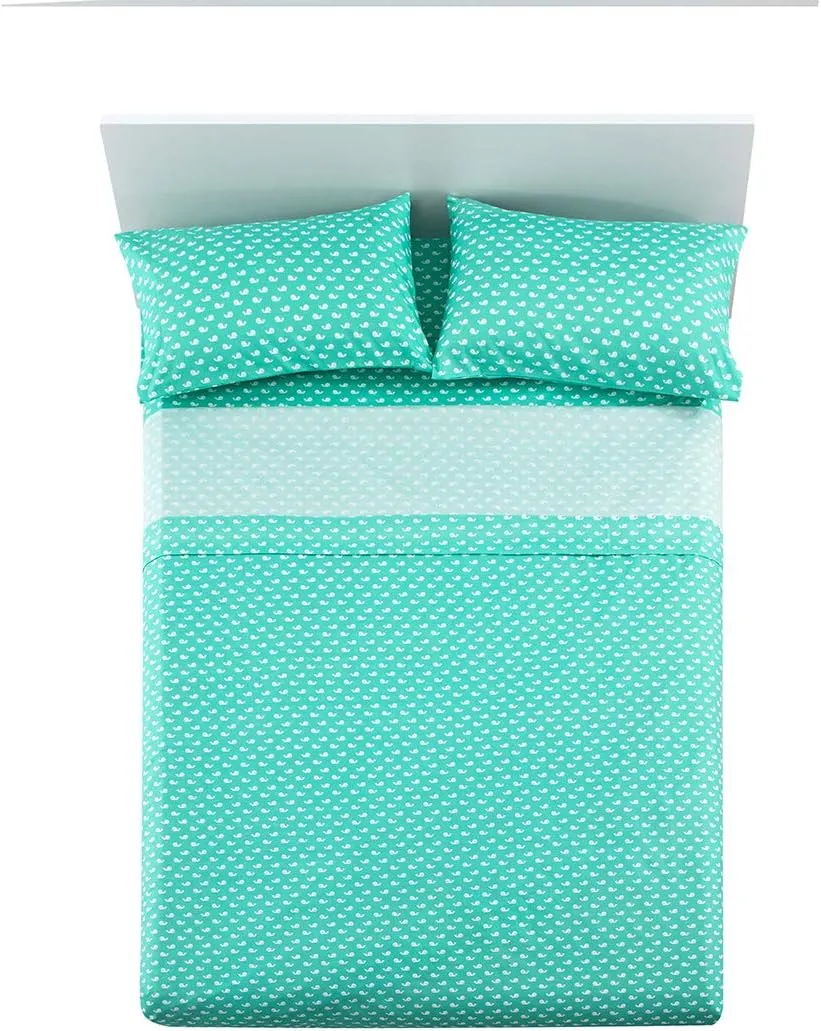 Vonty Kids Bed Sheets Twin Green Baby Whales Printed Sheets for Boys & Girls, Soft Lightweight Microfiber Easy Wash Bedding Set (1 Fitted Sheet   1 Flat Sheet   1 Pillowcase)