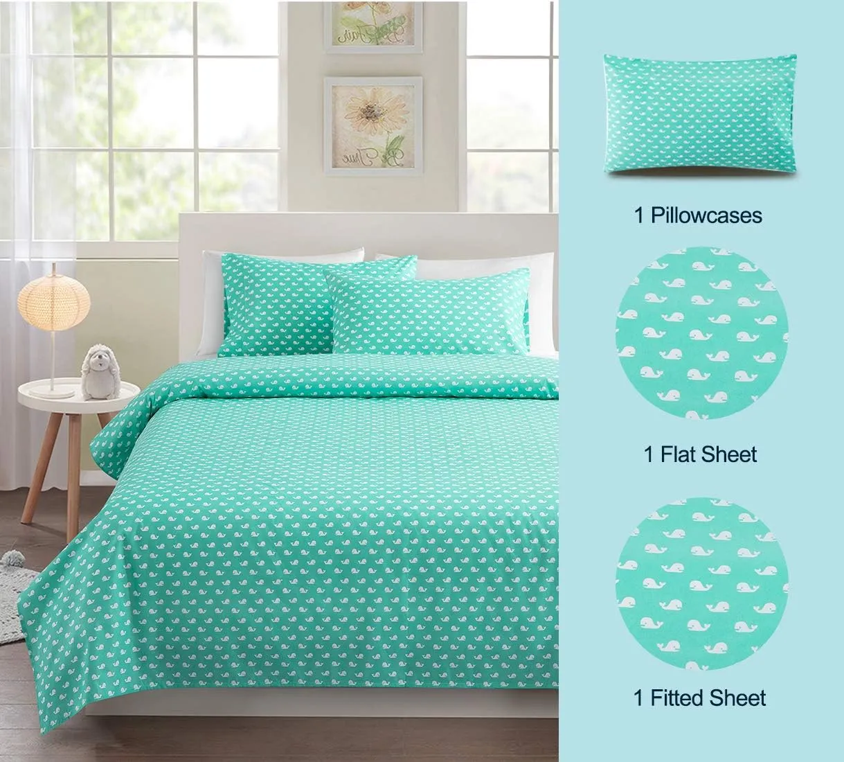 Vonty Kids Bed Sheets Twin Green Baby Whales Printed Sheets for Boys & Girls, Soft Lightweight Microfiber Easy Wash Bedding Set (1 Fitted Sheet   1 Flat Sheet   1 Pillowcase)