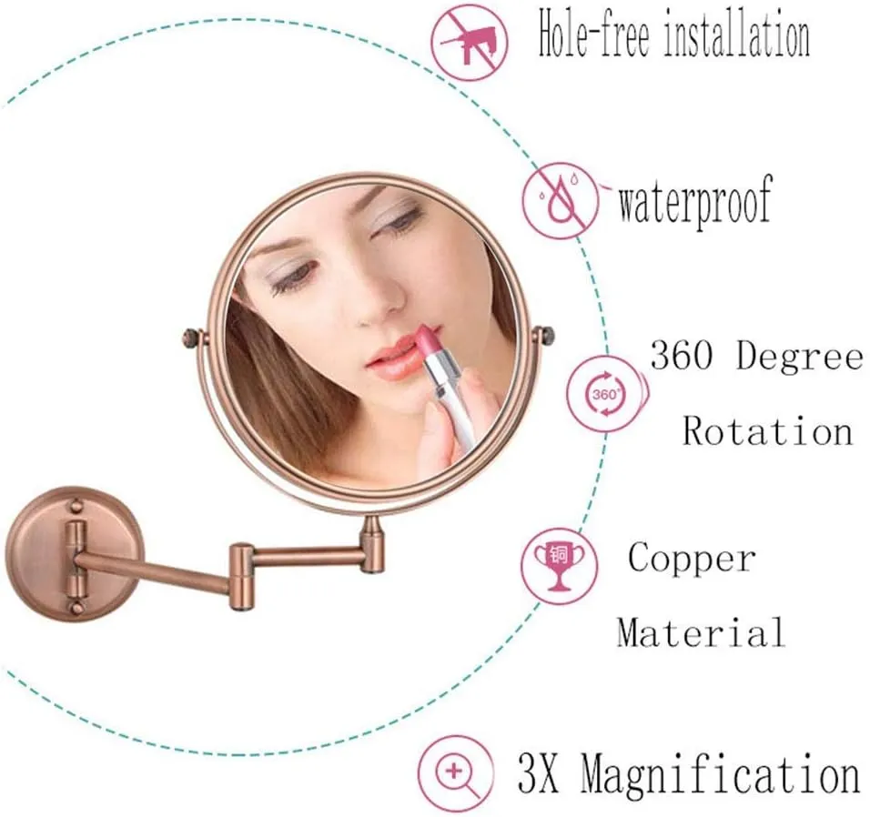 Wall Mounted Makeup Mirror with 3X Magnification, 360 Degree Swivel, Two-Sided Extendable, Bathroom and Hotel (Color : Black Bronze)