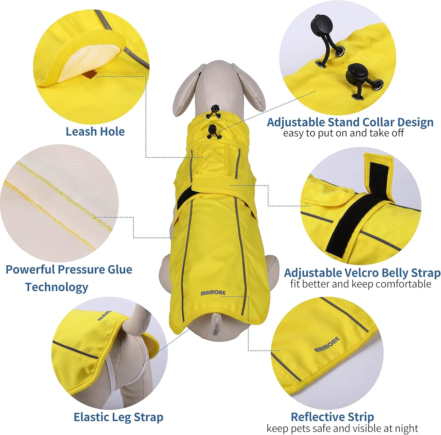 Waterproof Dog Raincoat with Reflective Strip, Adjustable Breathable Rain Coat Jacket with Leash Hole for Dogs (Yellow, X-Large)
