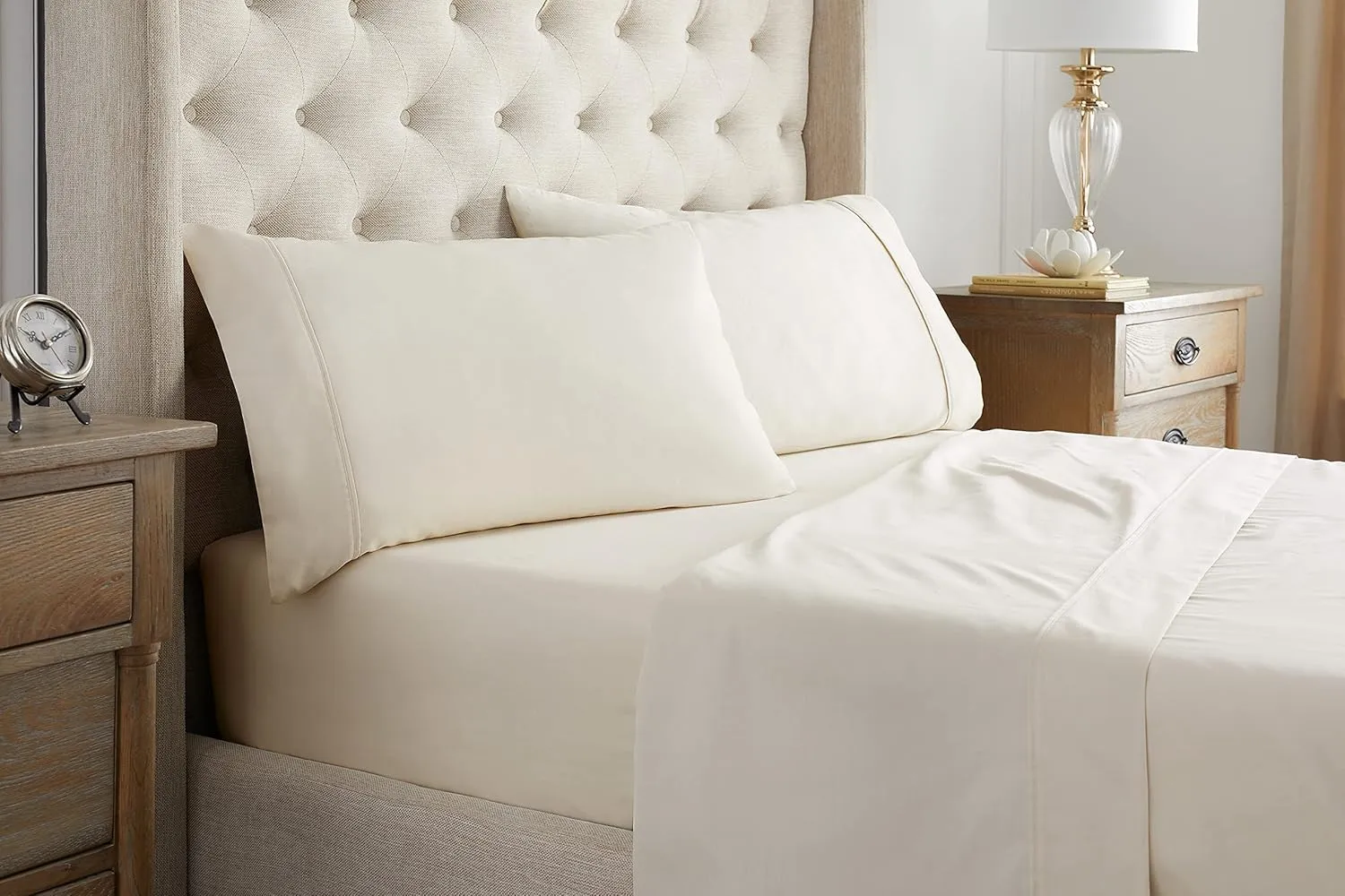 Waverly Cotton Cooling Solid Bedding Sheets & Pillowcases Set, Full, Ivory, 4 Piece