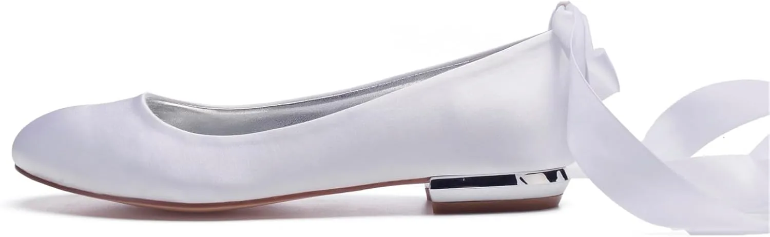 Women Comfort Flat Satin Wedding Shoes Round Toe Ribbon Bridal Evening Party Flats Shoes