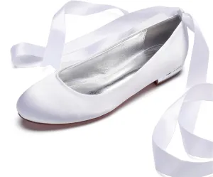 Women Comfort Flat Satin Wedding Shoes Round Toe Ribbon Bridal Evening Party Flats Shoes