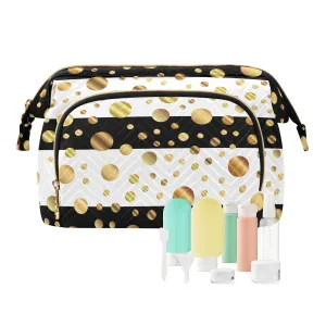 Women Wave Quilt Cosmetic Bag, Zipper Toiletry Storage 10.2x5.9x6.7 in, Pouch Handbag Makeup Case Purse Holder Organizer Print Golden Polka Dots On Black White Stripes Seamless