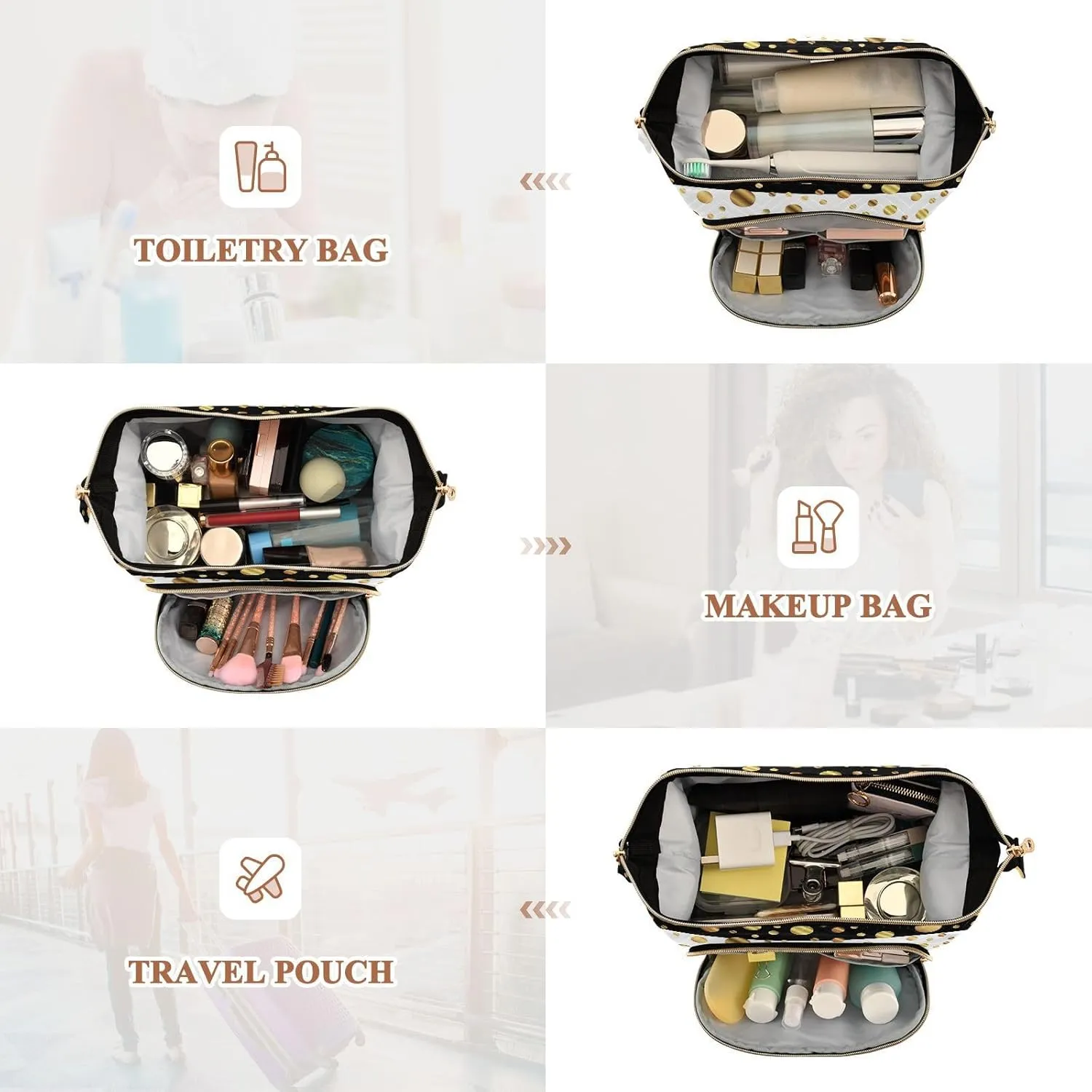 Women Wave Quilt Cosmetic Bag, Zipper Toiletry Storage 10.2x5.9x6.7 in, Pouch Handbag Makeup Case Purse Holder Organizer Print Golden Polka Dots On Black White Stripes Seamless
