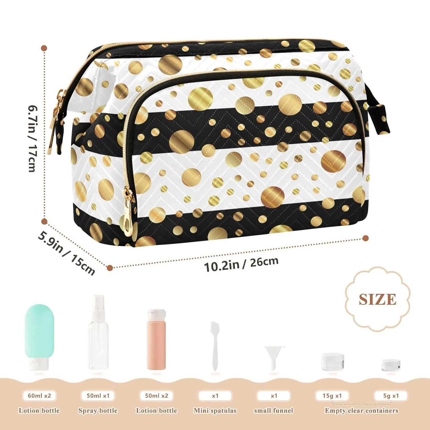 Women Wave Quilt Cosmetic Bag, Zipper Toiletry Storage 10.2x5.9x6.7 in, Pouch Handbag Makeup Case Purse Holder Organizer Print Golden Polka Dots On Black White Stripes Seamless