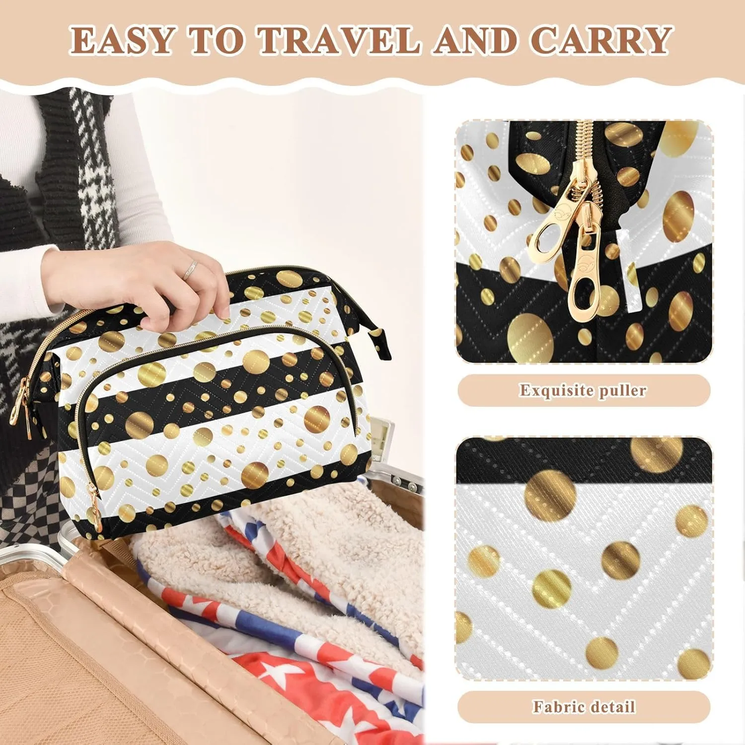Women Wave Quilt Cosmetic Bag, Zipper Toiletry Storage 10.2x5.9x6.7 in, Pouch Handbag Makeup Case Purse Holder Organizer Print Golden Polka Dots On Black White Stripes Seamless